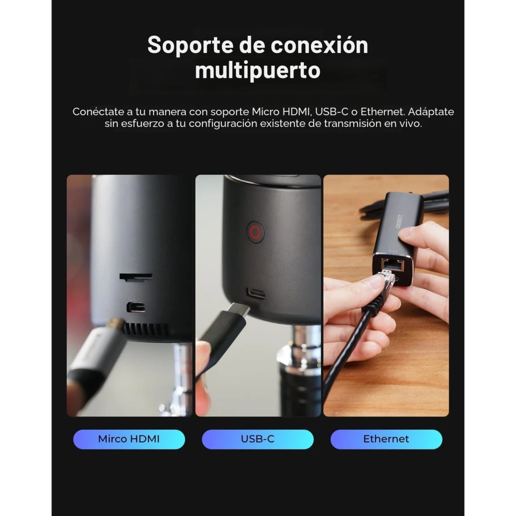 OBSBOT Tail Air 4K IA 512GB negro, vista frontal en ángulo: lente gran angular, base giratoria con luz azul y logo OBSBOT - Ítem5