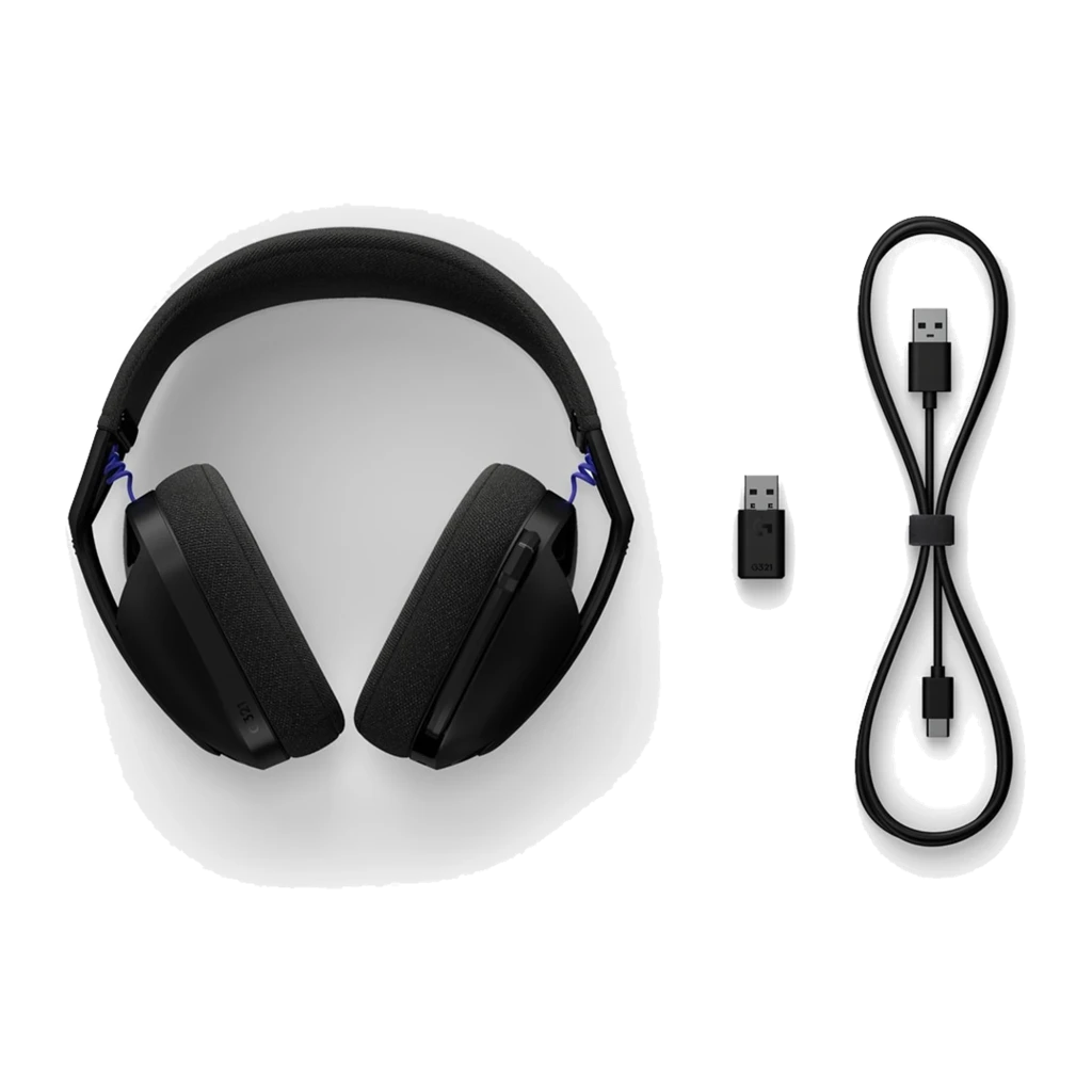 Logitech G321 LIGHTSPEED casque gaming noir, vue avant 3/4: arceau textile, coussinets et micro rétractable avec accents - Ítem2