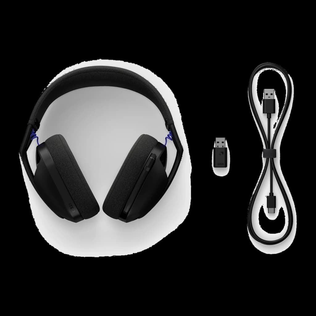 Logitech G321 LIGHTSPEED casque gaming noir, kit complet: casque vue du dessus, récepteur USB LIGHTSPEED et câble de charge