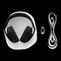 Logitech G321 LIGHTSPEED casque gaming noir, kit complet: casque vue du dessus, récepteur USB LIGHTSPEED et câble de charge
