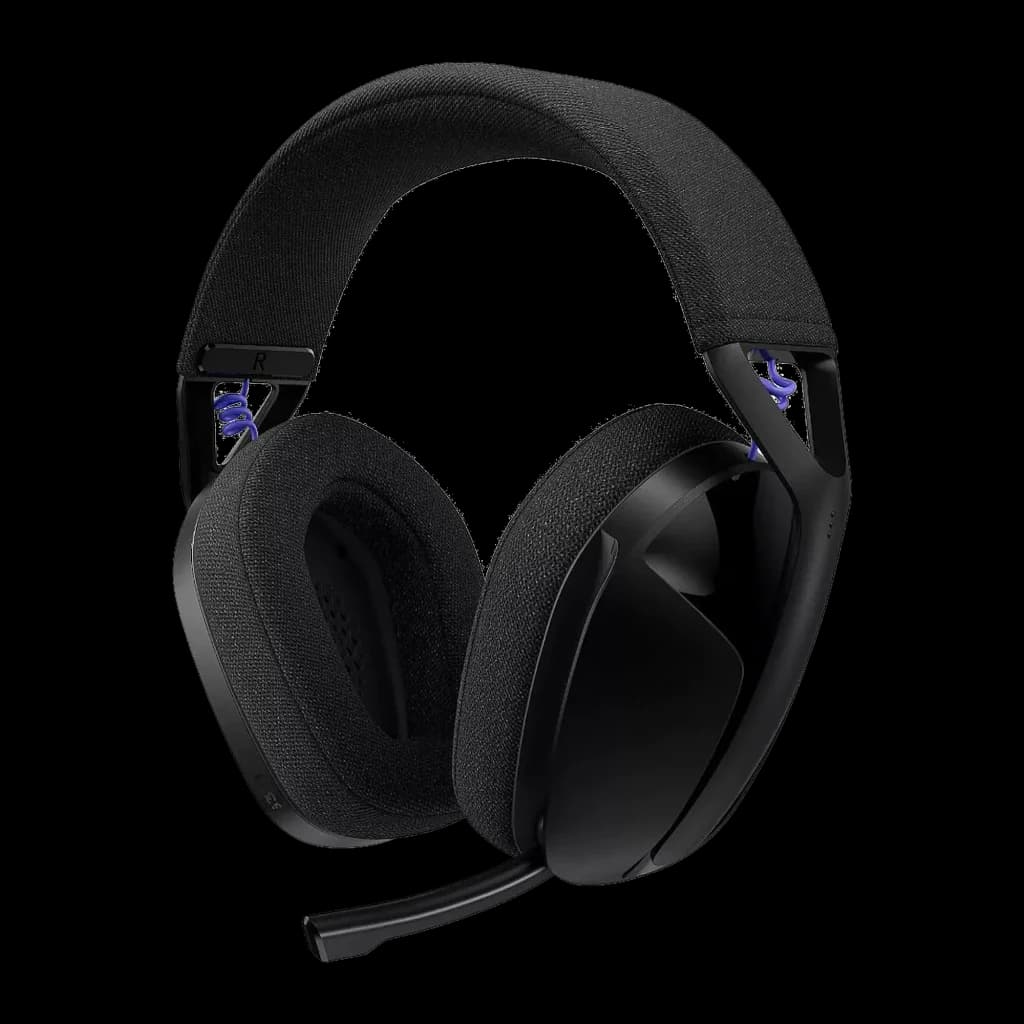 Logitech G321 LIGHTSPEED casque gaming noir, vue avant 3/4: arceau textile, coussinets et micro rétractable avec accents