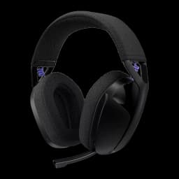Logitech G321 LIGHTSPEED casque gaming noir, vue avant 3/4: arceau textile, coussinets et micro rétractable avec accents