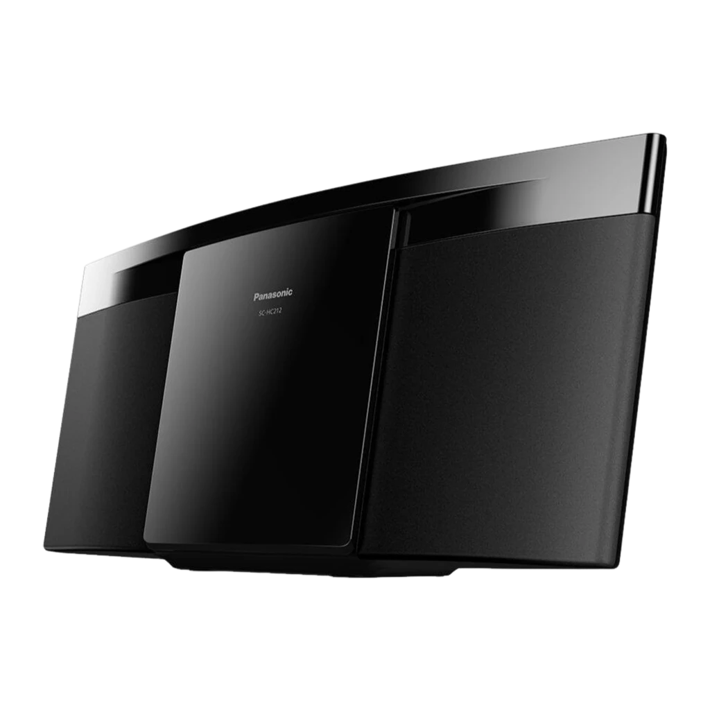 Panasonic HiFi SC-HC212 negro, vista frontal: unidad central con logo y altavoces laterales con acabado brillante - Ítem1