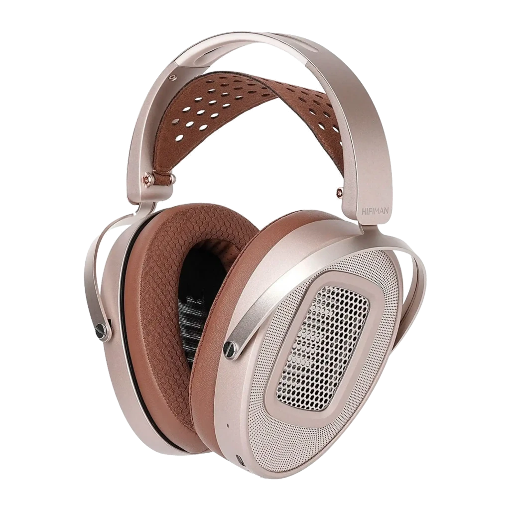 HIFIMAN HE1000 WiFi doré, vue latérale droite: grille métallique ovale, coussinets marron et arceau perforé - Ítem1
