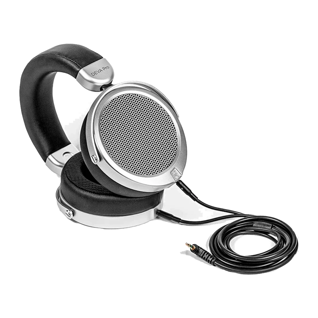 HIFIMAN Deva Pro noir argent, vue de face 3/4: grille métallique open-back, coussinets et logo HIFIMAN sur arceau - Ítem2