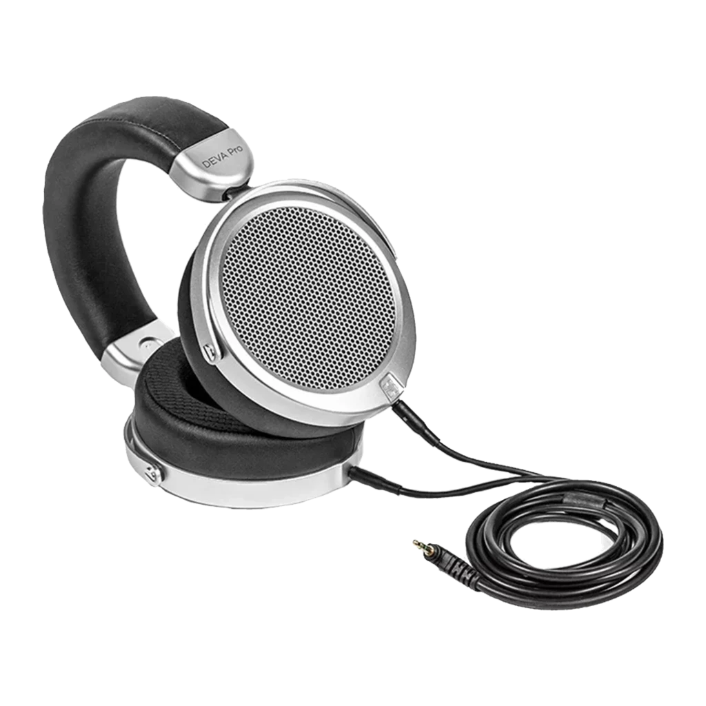 HIFIMAN Deva Pro Wired argent et noir, vue latérale: grille métallique du driver et logo HIFIMAN sur l'arceau - Ítem2