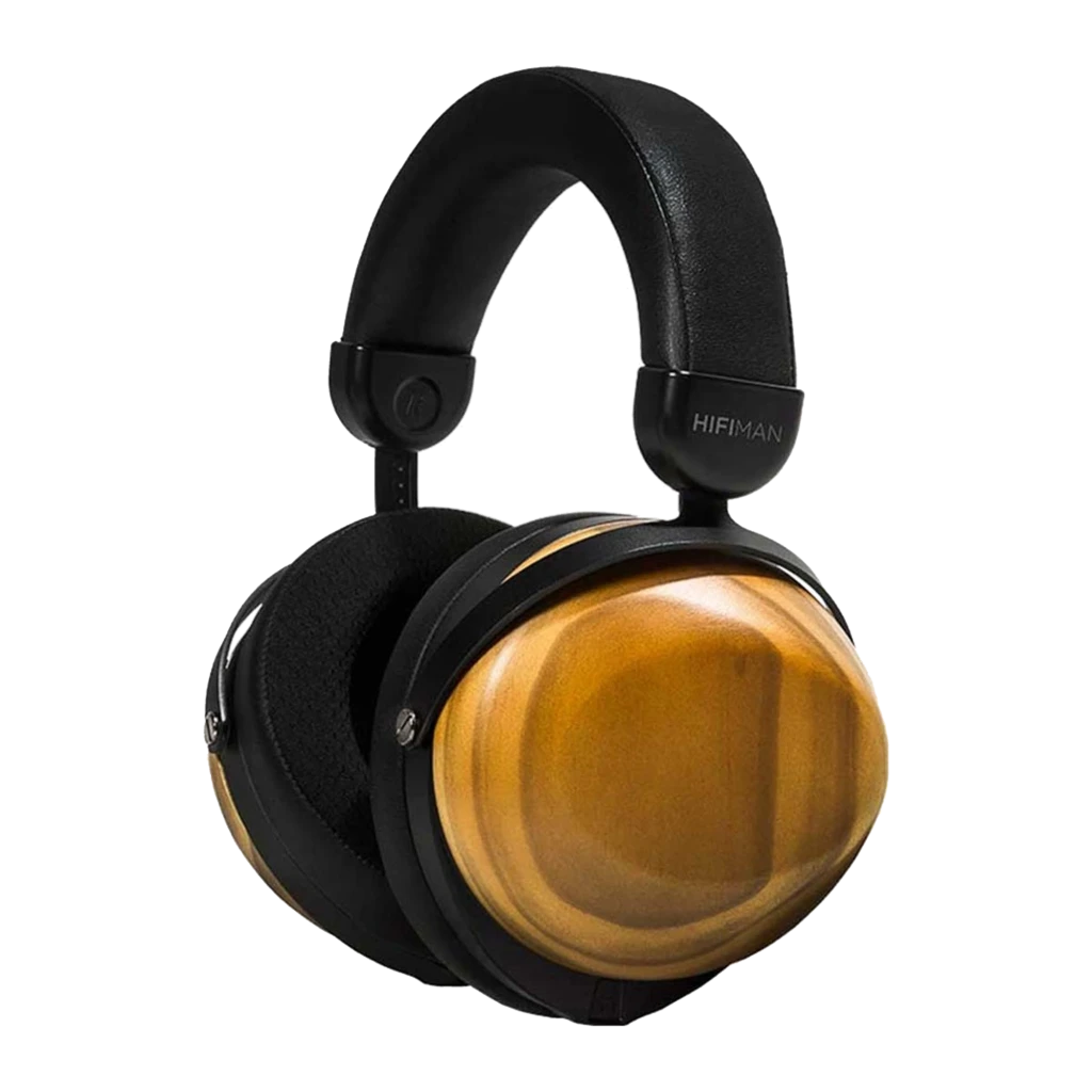 HIFIMAN HE-R10D, vue de face: casque avec coquilles en bois veiné et arceau rembourré noir - Ítem1
