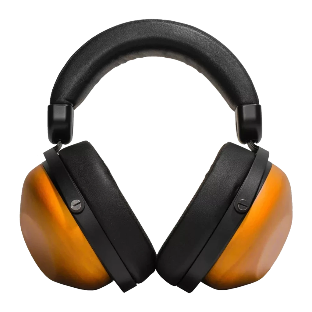 HIFIMAN HE-R10D, vue de face: casque avec coquilles en bois veiné et arceau rembourré noir - Ítem2