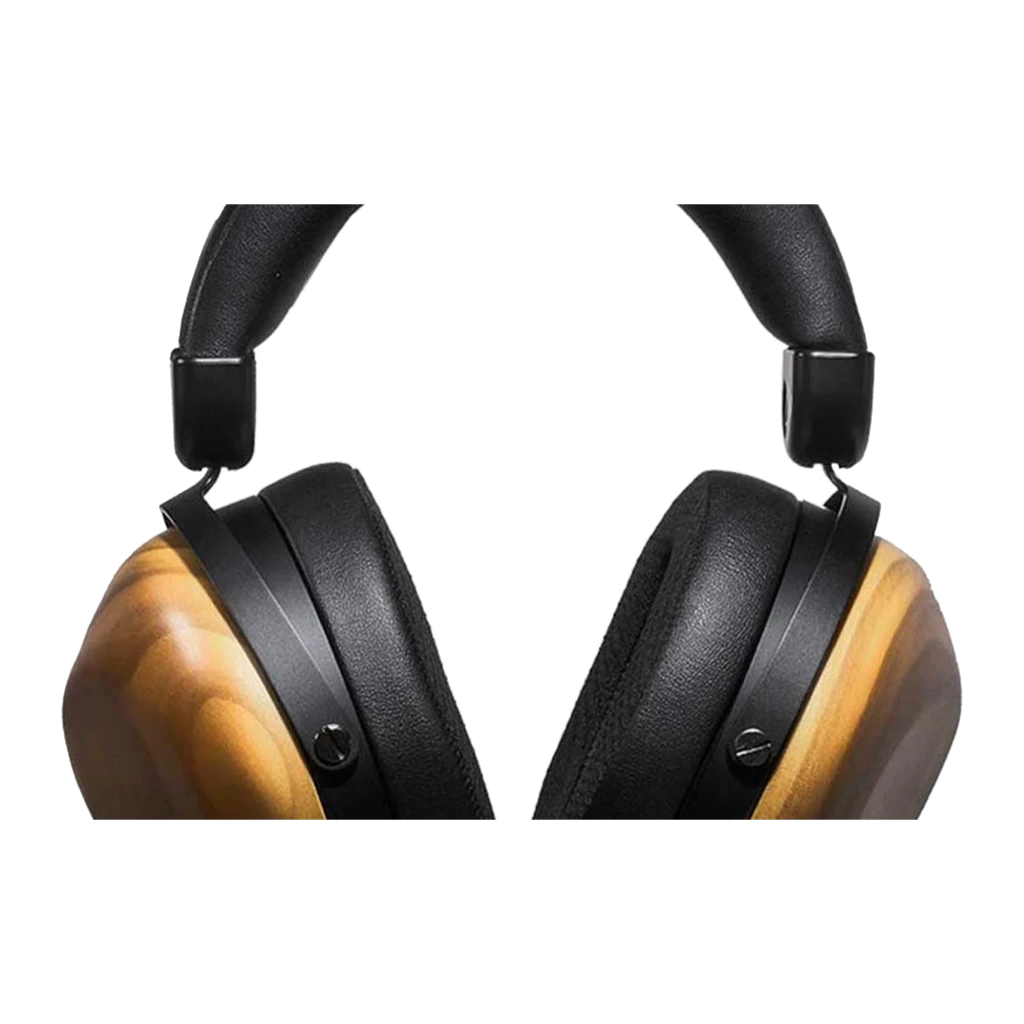 HIFIMAN HE-R10D, vue de face: casque avec coquilles en bois veiné et arceau rembourré noir - Ítem3