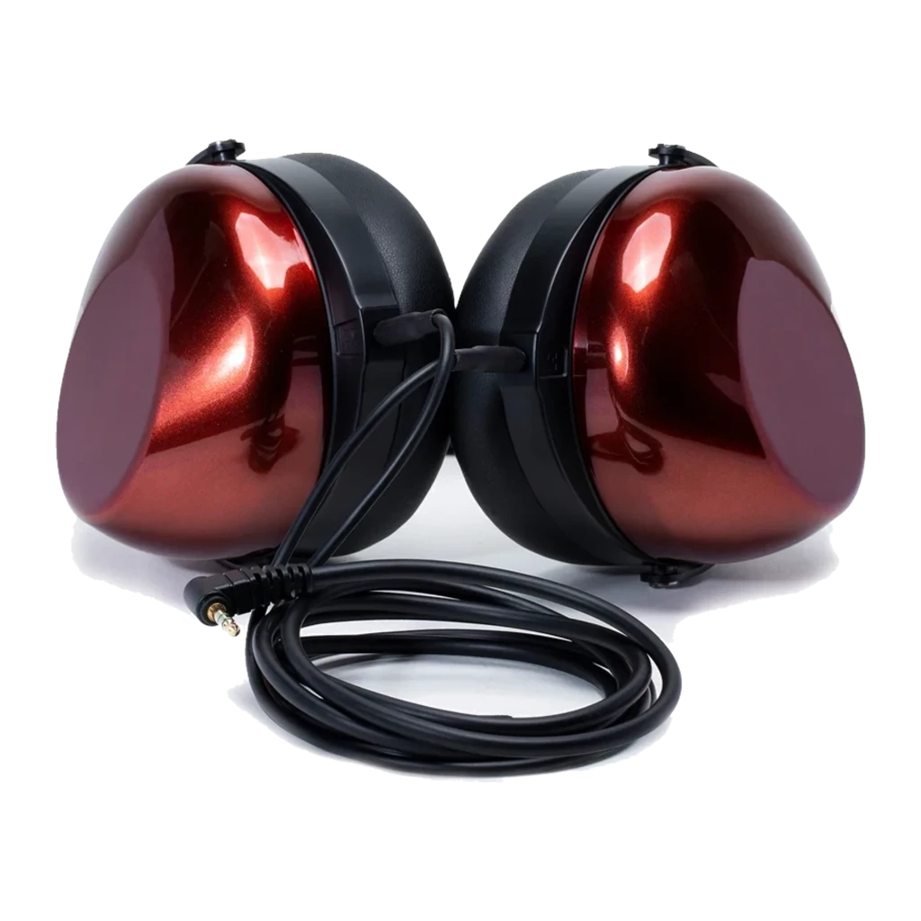 HIFIMAN HE-R9 rojo carmesí, vista lateral: carcasa brillante carmesí, almohadillas de tela y diadema acolchada negra - Ítem1