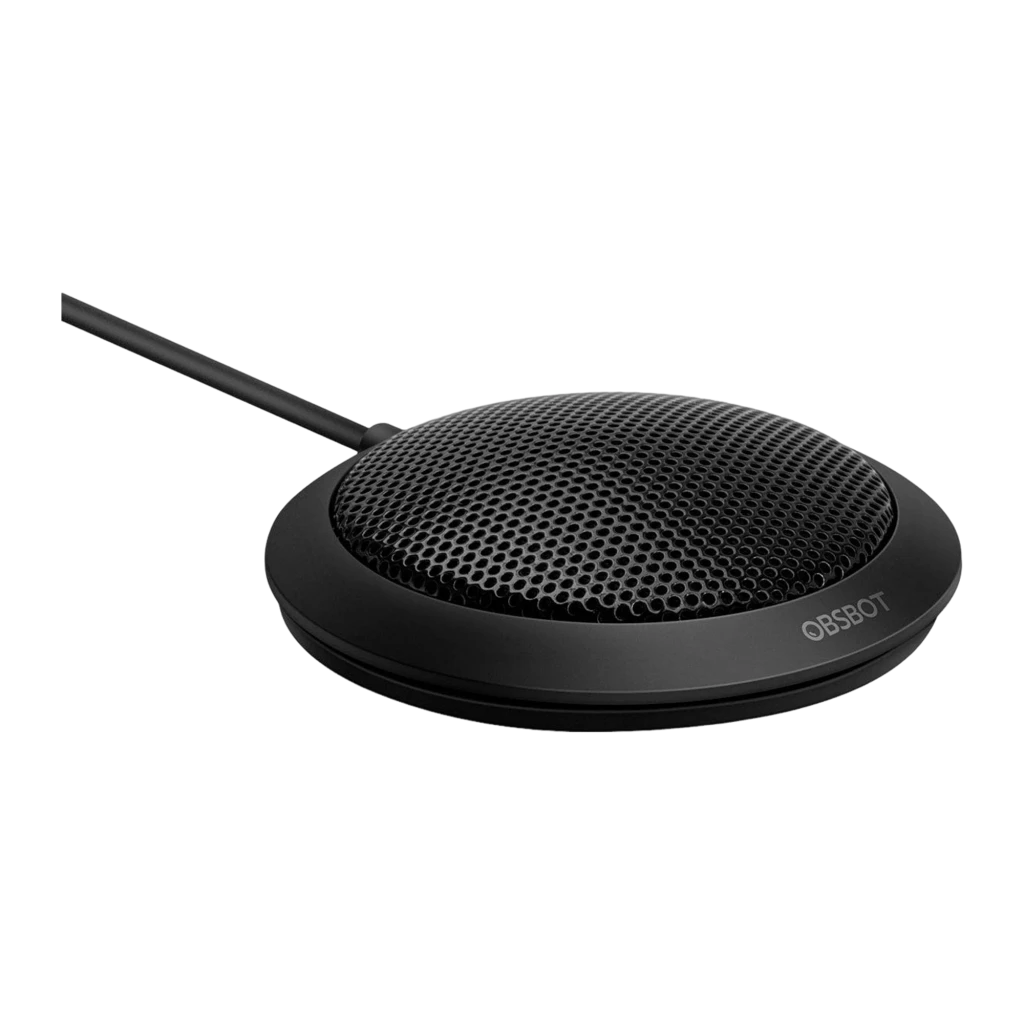OBSBOT HQ Mic negro, vista frontal: rejilla circular metálica y cable superior con logo OBSBOT en base - Ítem1