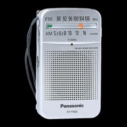 Panasonic RF-P50D Plata, vista frontal: sintonizador AM/FM, altavoz rejilla, correa negra y escala de frecuencias visible