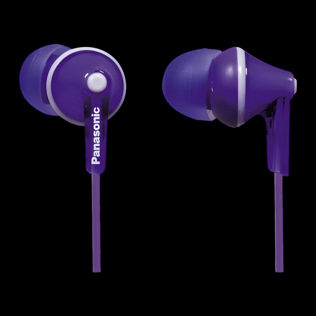 Panasonic RP-HJE125 Violet, vue avant et latérale: deux écouteurs intra-auriculaires filaires, logo Panasonic visible et