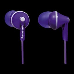 Panasonic RP-HJE125 Violet, vue avant et latérale: deux écouteurs intra-auriculaires filaires, logo Panasonic visible et