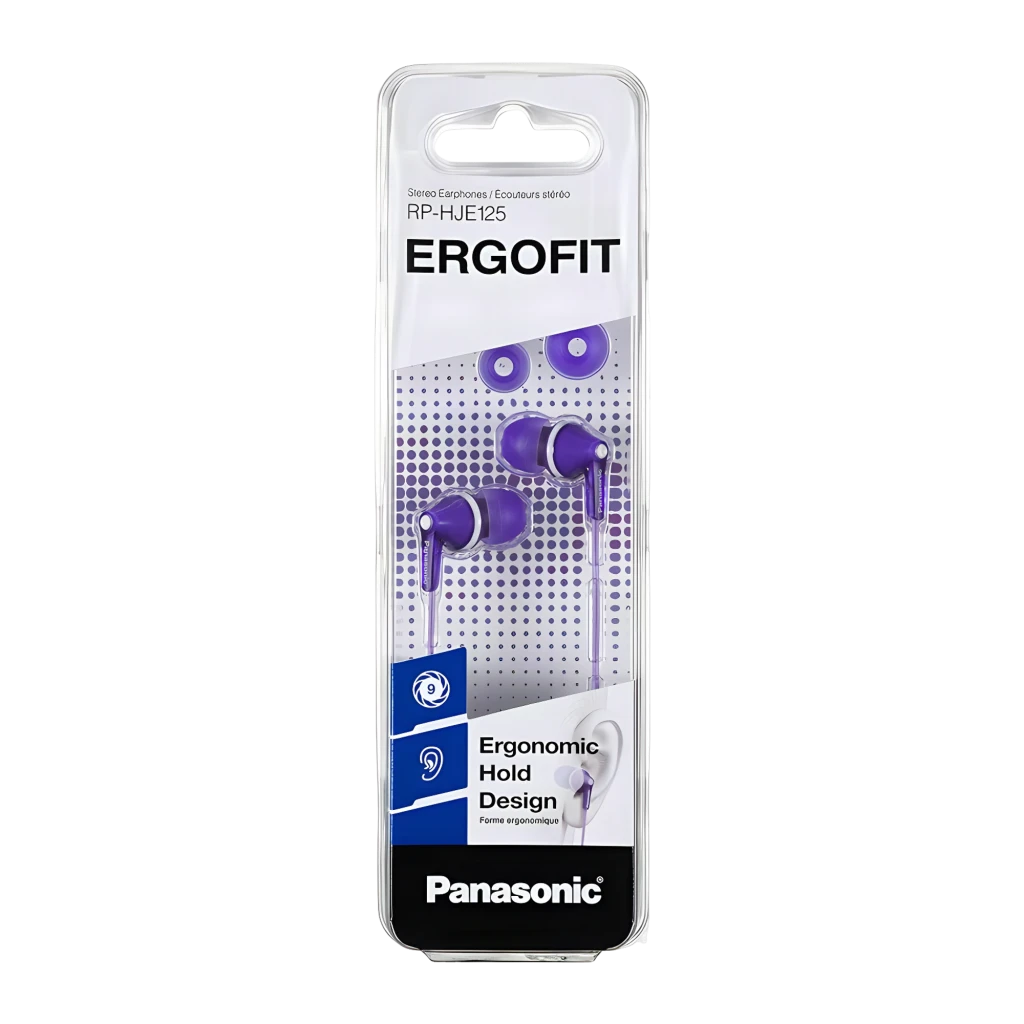 Panasonic RP-HJE125 Violet, vue avant et latérale: deux écouteurs intra-auriculaires filaires, logo Panasonic visible et - Ítem1