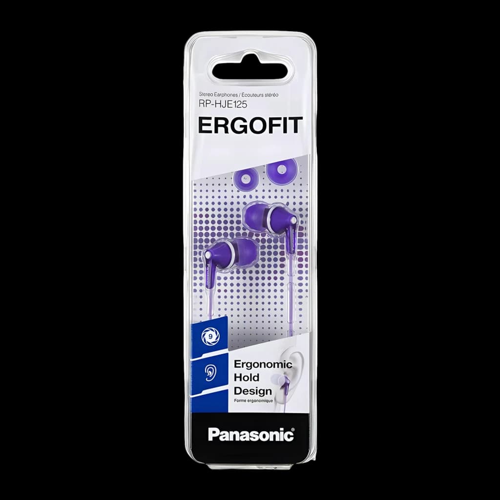 Écouteurs Panasonic ErgoFit RP-HJE125 violets intra-auriculaires avec embouts souples, câble plat et prise Jack 3,5 mm, présentés en blister transparent