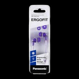 Écouteurs Panasonic ErgoFit RP-HJE125 violets intra-auriculaires avec embouts souples, câble plat et prise Jack 3,5 mm, présentés en blister transparent