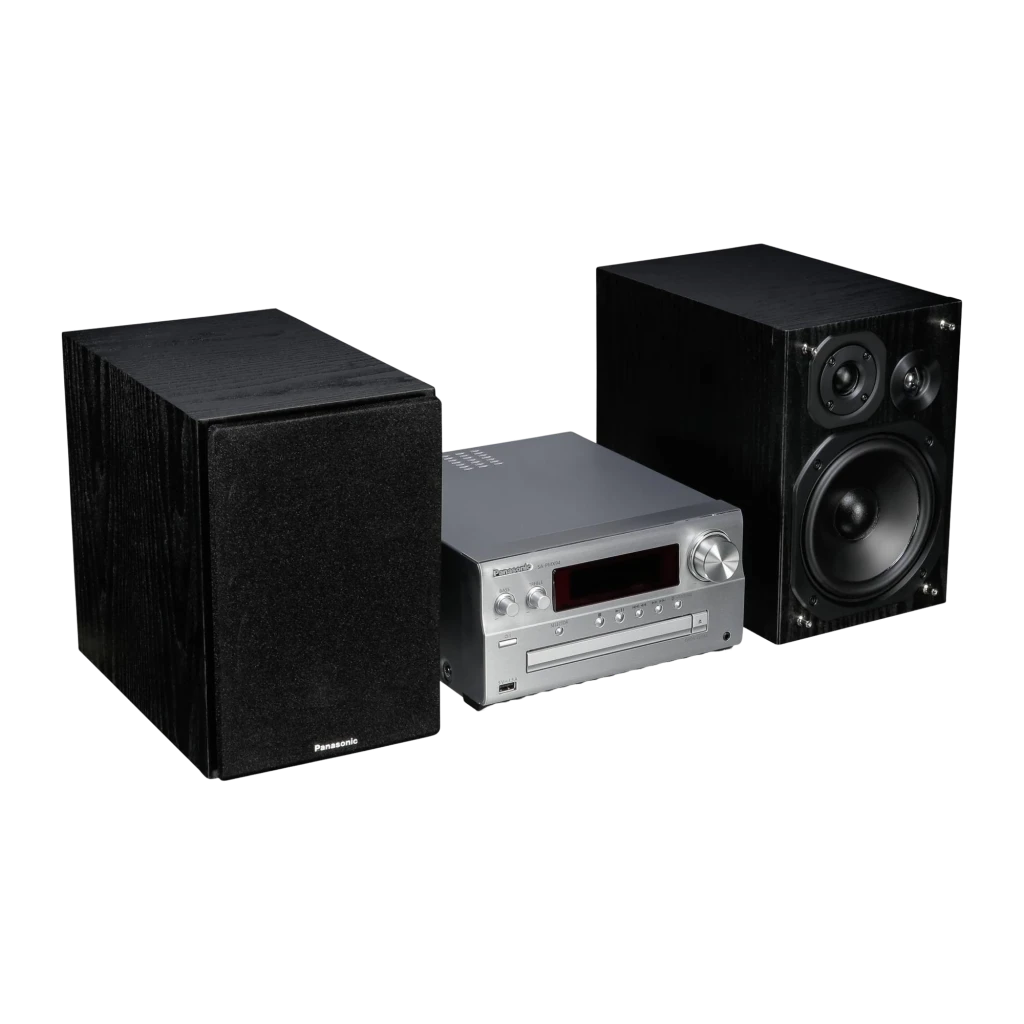Panasonic SC-PMX94 120W Plata, vista frontal: microcadena completa con unidad central plateada y dos altavoces negros - Ítem