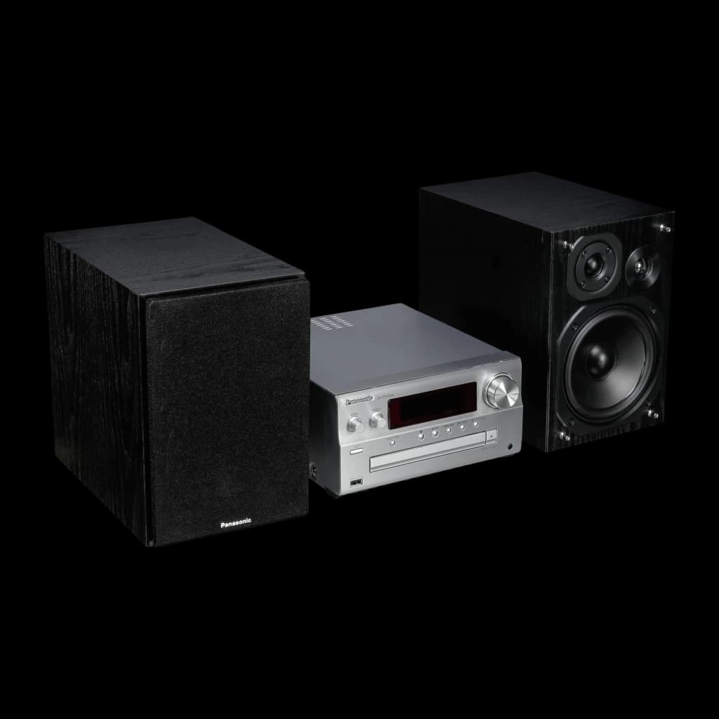 Panasonic SC-PMX94 120W Prata, vista frontal: microsistema completo com unidade central prateada e dois altifalantes pretos