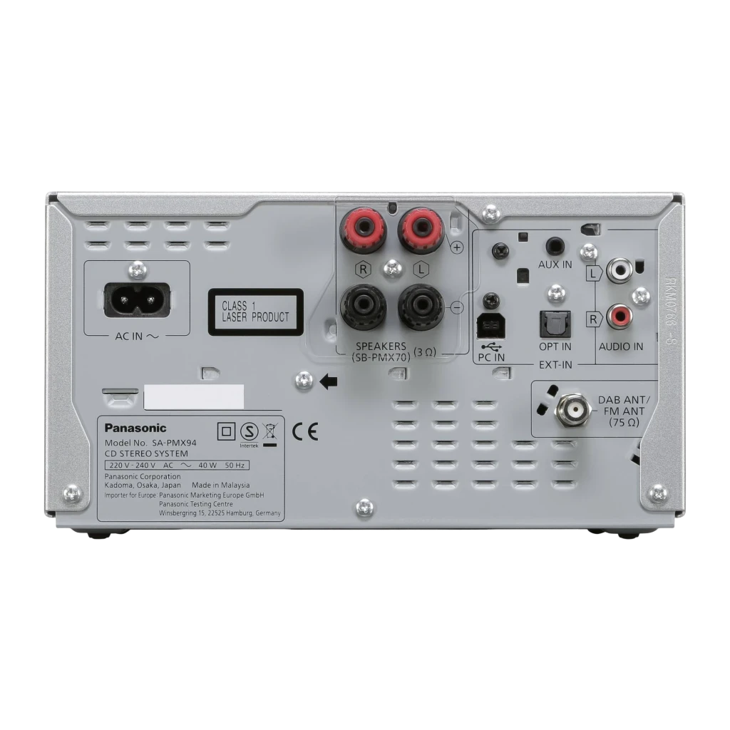 Panasonic SC-PMX94 120W Plata, vista frontal: microcadena completa con unidad central plateada y dos altavoces negros - Ítem1