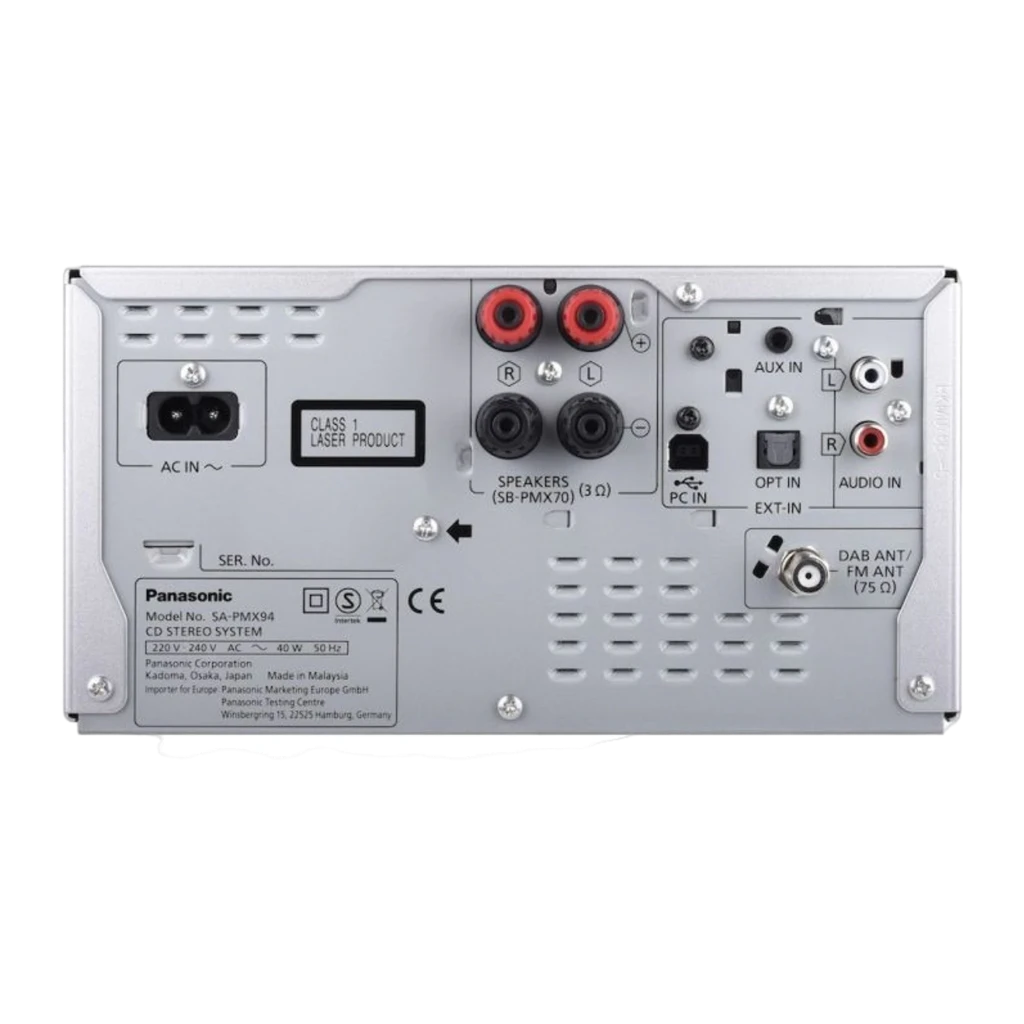 Panasonic SC-PMX94 120W Plata, vista frontal: microcadena completa con unidad central plateada y dos altavoces negros - Ítem2