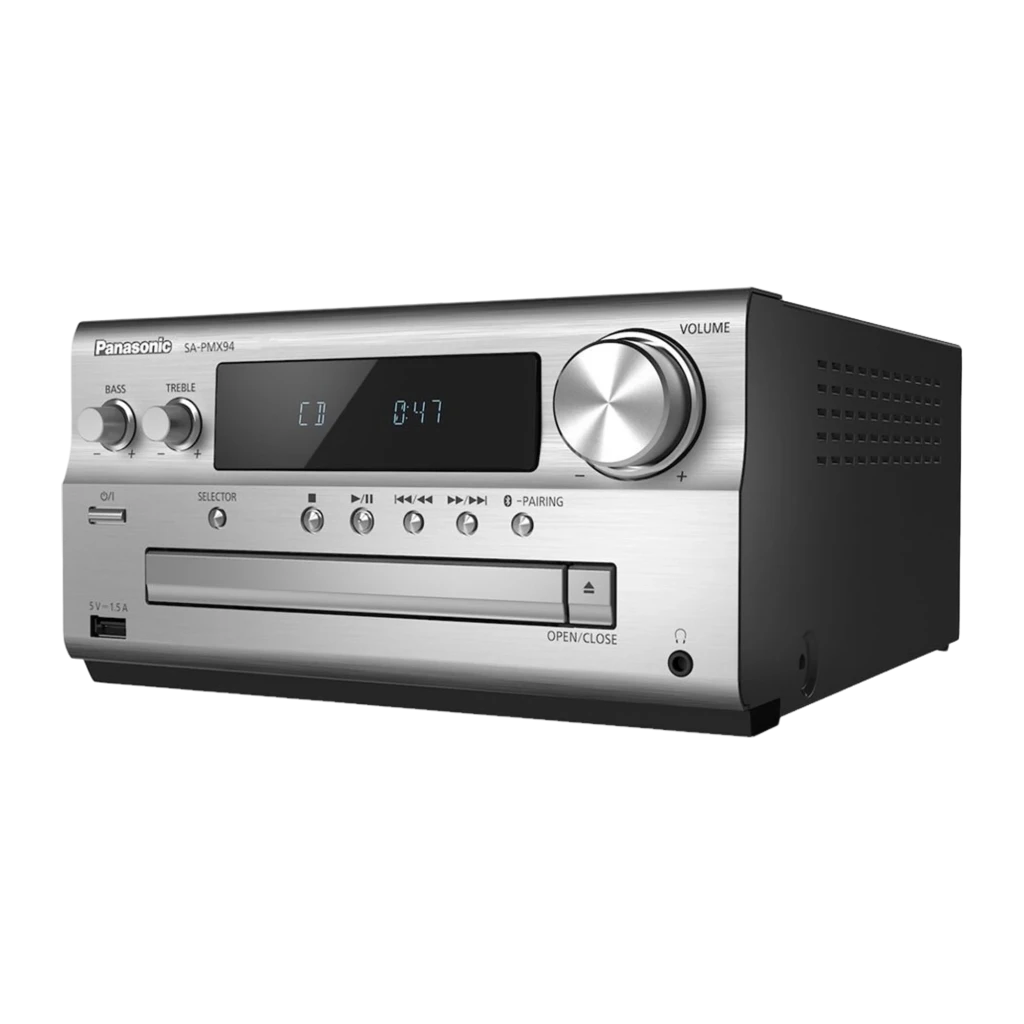 Panasonic SC-PMX94 120W Plata, vista frontal: microcadena completa con unidad central plateada y dos altavoces negros - Ítem3