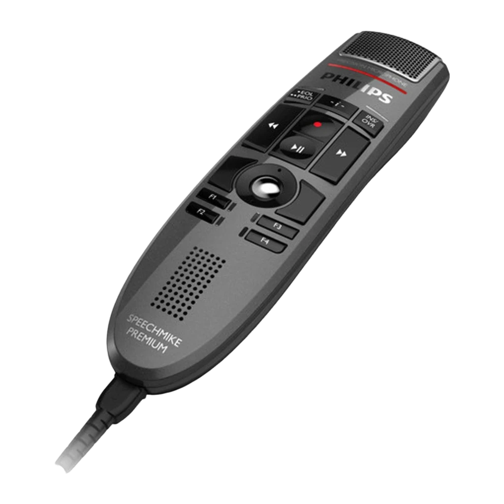 Philips SpeechMike Premium gris, vista frontal en ángulo: botonera completa, trackball, rejilla de micrófono y altavoz - Ítem1
