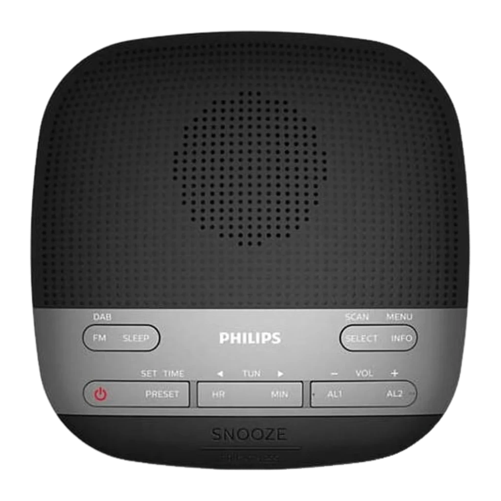 Philips Rádio Relógio TAR3505/12 preto cinza, vista em ângulo: ecrã LED com hora DAB e painel de botões cinza - Item1