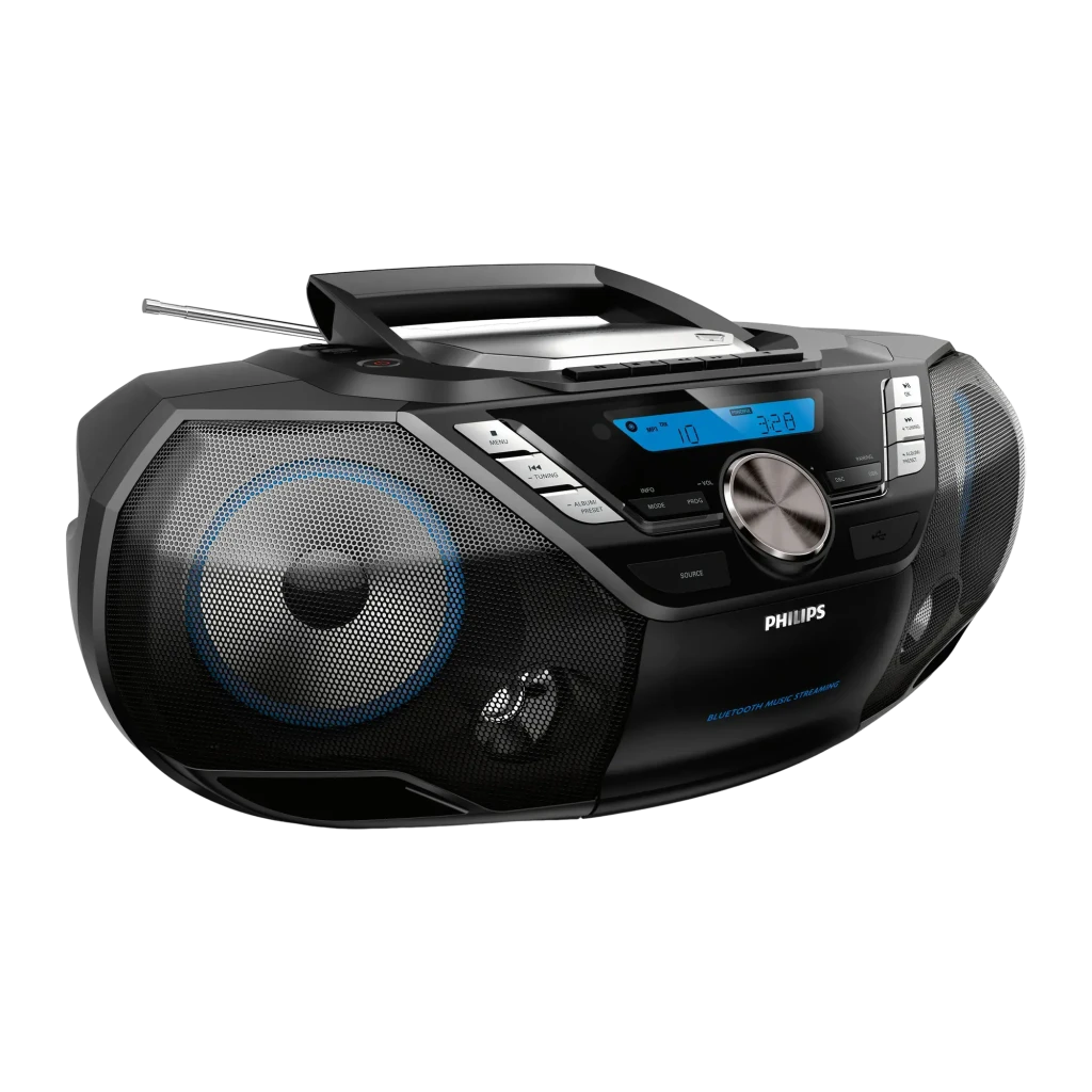 Philips Radiogravador CD Soundmachine AZB798T/12 preto, vista frontal: altifalantes com aro azul, ecrã LCD azul e botão - Item1