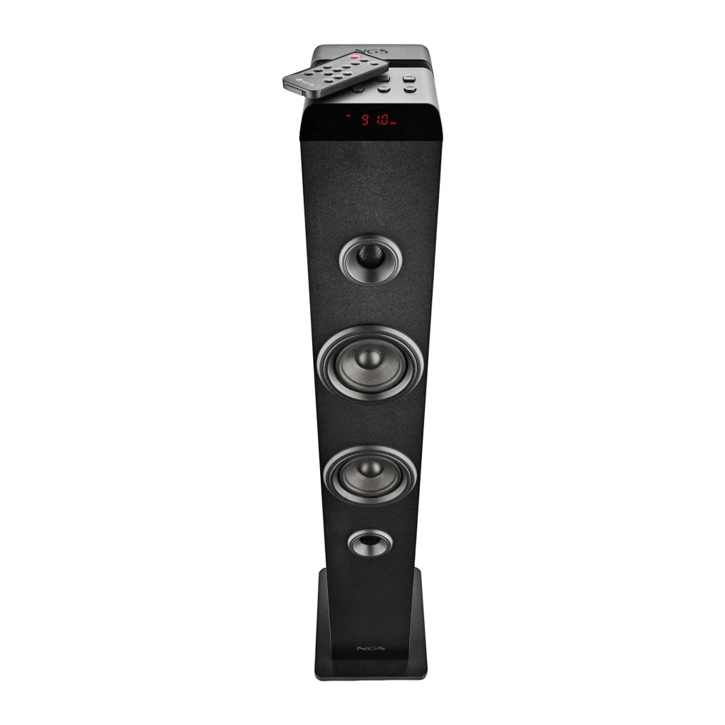 NGS Torre de Sonido Sky Charm Pro 40W negro, vista frontal en ángulo: cuatro altavoces y display LED rojo en la parte - Ítem3