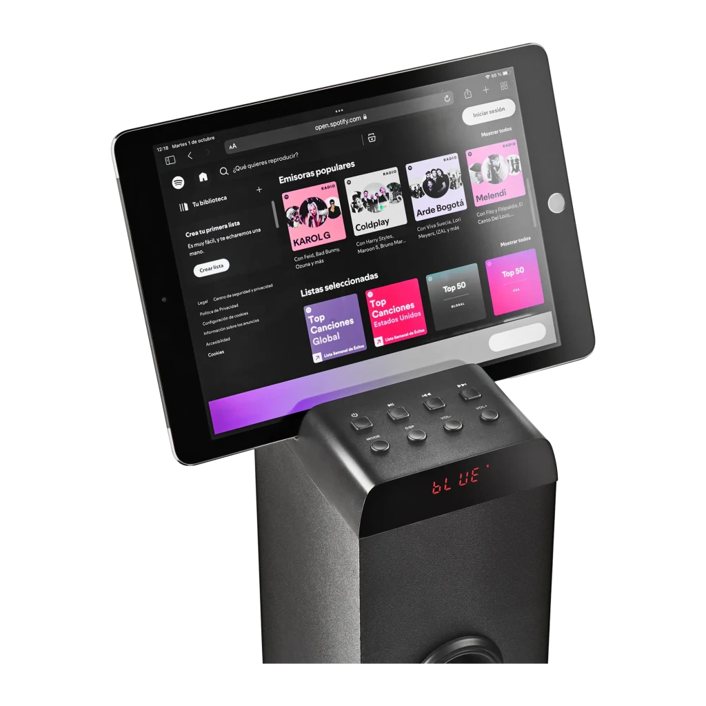 NGS Torre de Sonido Sky Charm Pro 40W negro, vista frontal en ángulo: cuatro altavoces y display LED rojo en la parte - Ítem1