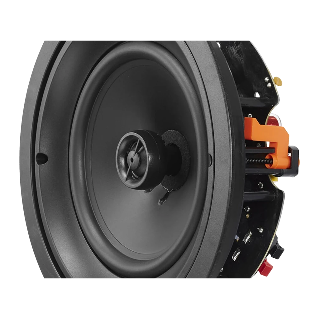 Triangle Secret ICT8, vista frontal em ângulo: altifalante de encastrar preto com woofer, tweeter central e grampos laranja - Item2