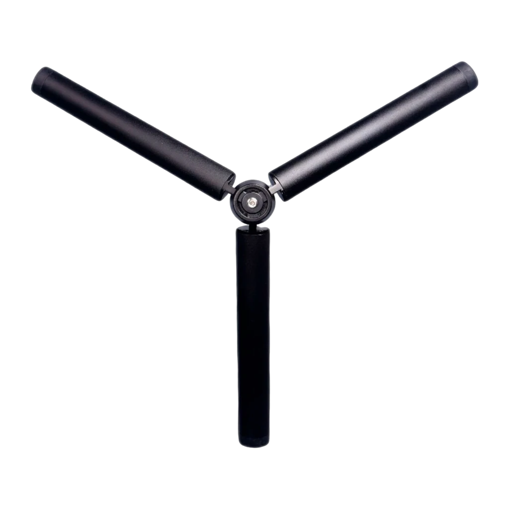 OBSBOT Tripé Extensível Preto, vista frontal: coluna extensível com três pernas abertas e rosca superior - Item1