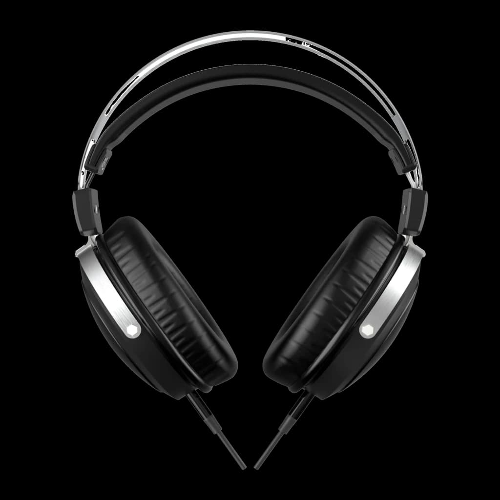 Vulkkano HC10 TURIA Negro, vista frontal: auriculares con diadema plateada y almohadillas de cuero negro