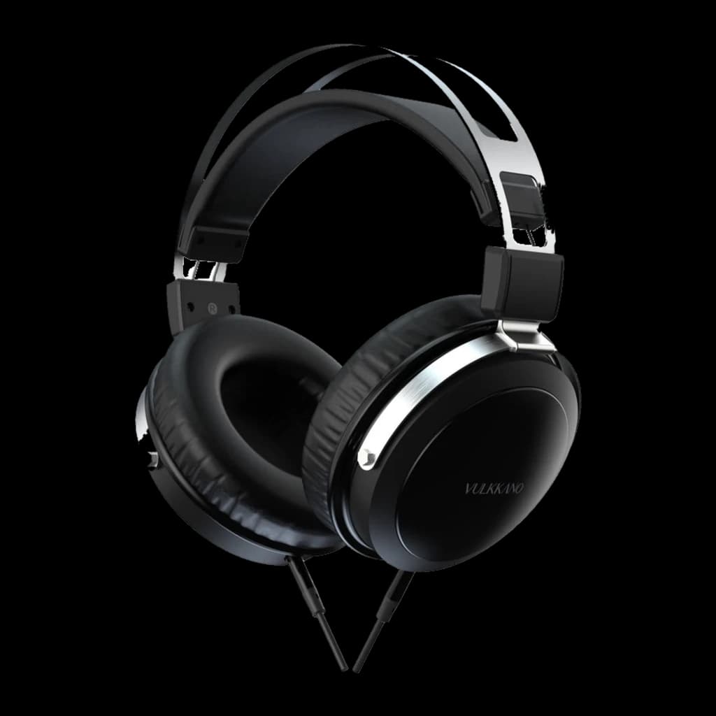 Vulkkano HC10 TURIA Negro, vista en ángulo: logo Vulkkano en cápsula, diadema bicolor negro y plata