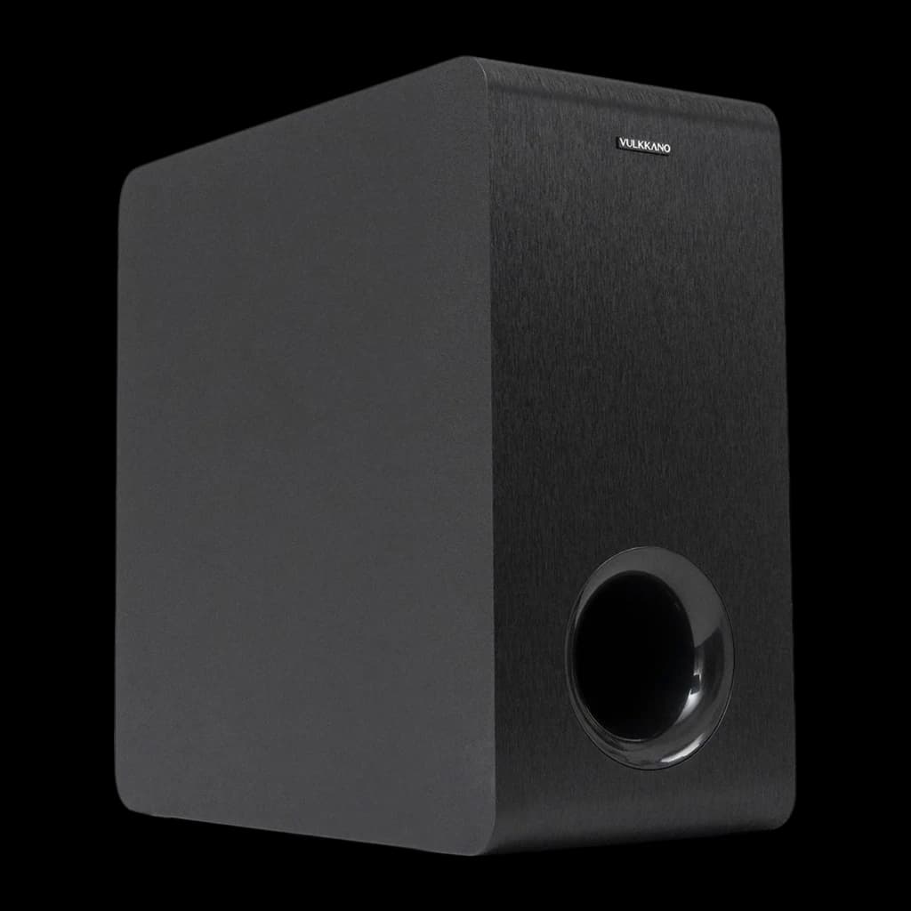 Vulkkano SUB6 MKII Chêne noir, vue en angle: côté lisse, panneau avant texturé et port bass reflex visibles