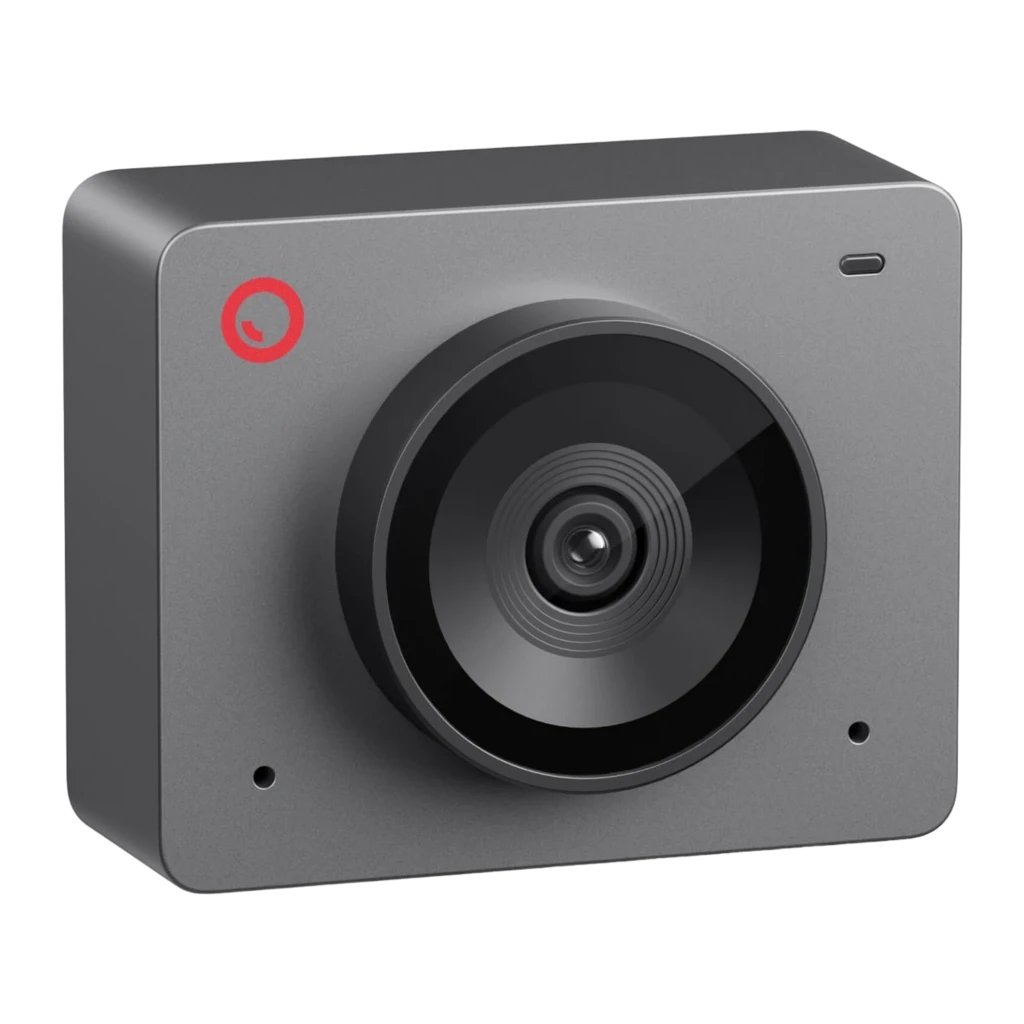 OBSBOT Meet SE 1080P gris, vista frontal en ángulo: lente central, logo rojo y lateral derecho visibles - Ítem1