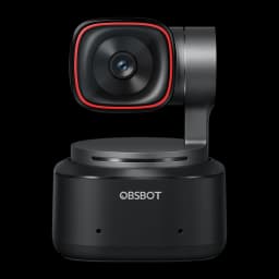 OBSBOT Tiny 2 4K Negro, vista frontal: lente con aro rojo, gimbal de 2 ejes y base con logo OBSBOT