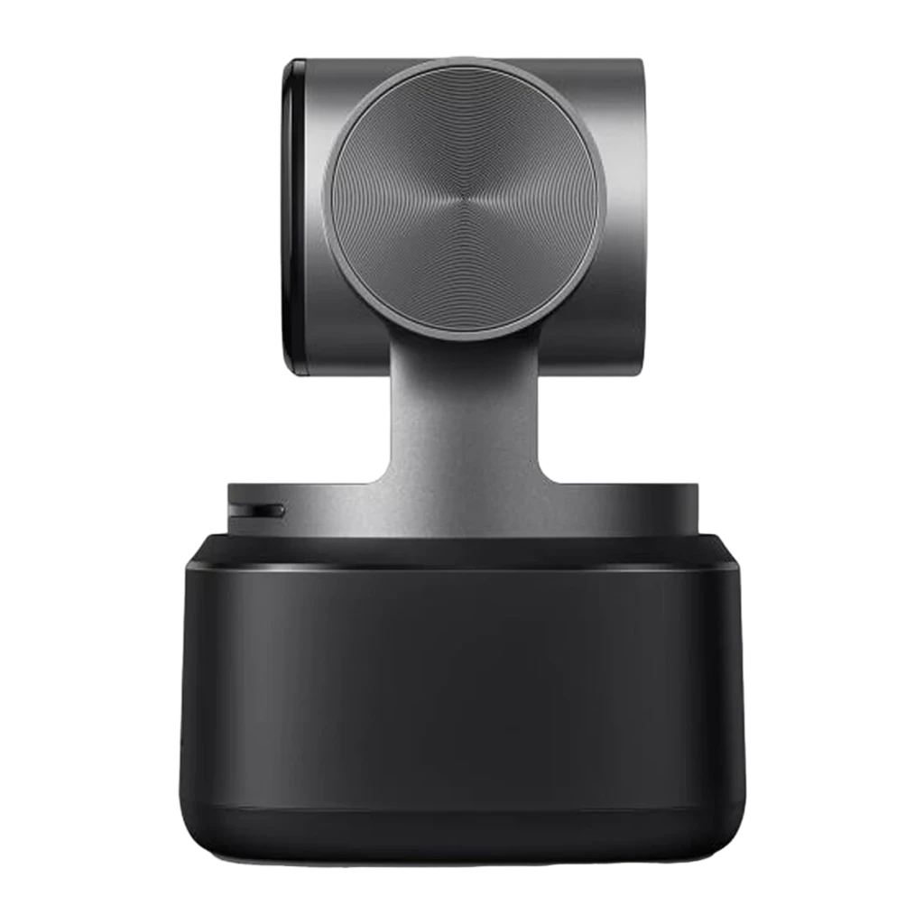 OBSBOT Tiny 2 4K Negro, vista frontal: lente con aro rojo, gimbal de 2 ejes y base con logo OBSBOT - Ítem1