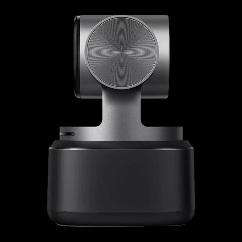 OBSBOT Tiny 2 4K Negro, vista trasera: panel circular texturizado del módulo de cámara y brazo del gimbal