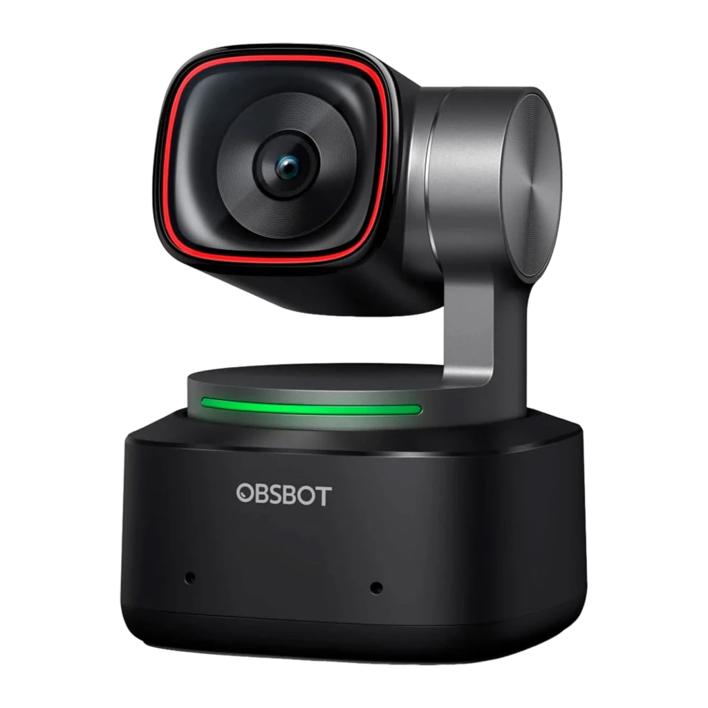 OBSBOT Tiny 2 4K Negro, vista frontal: lente con aro rojo, gimbal de 2 ejes y base con logo OBSBOT - Ítem2