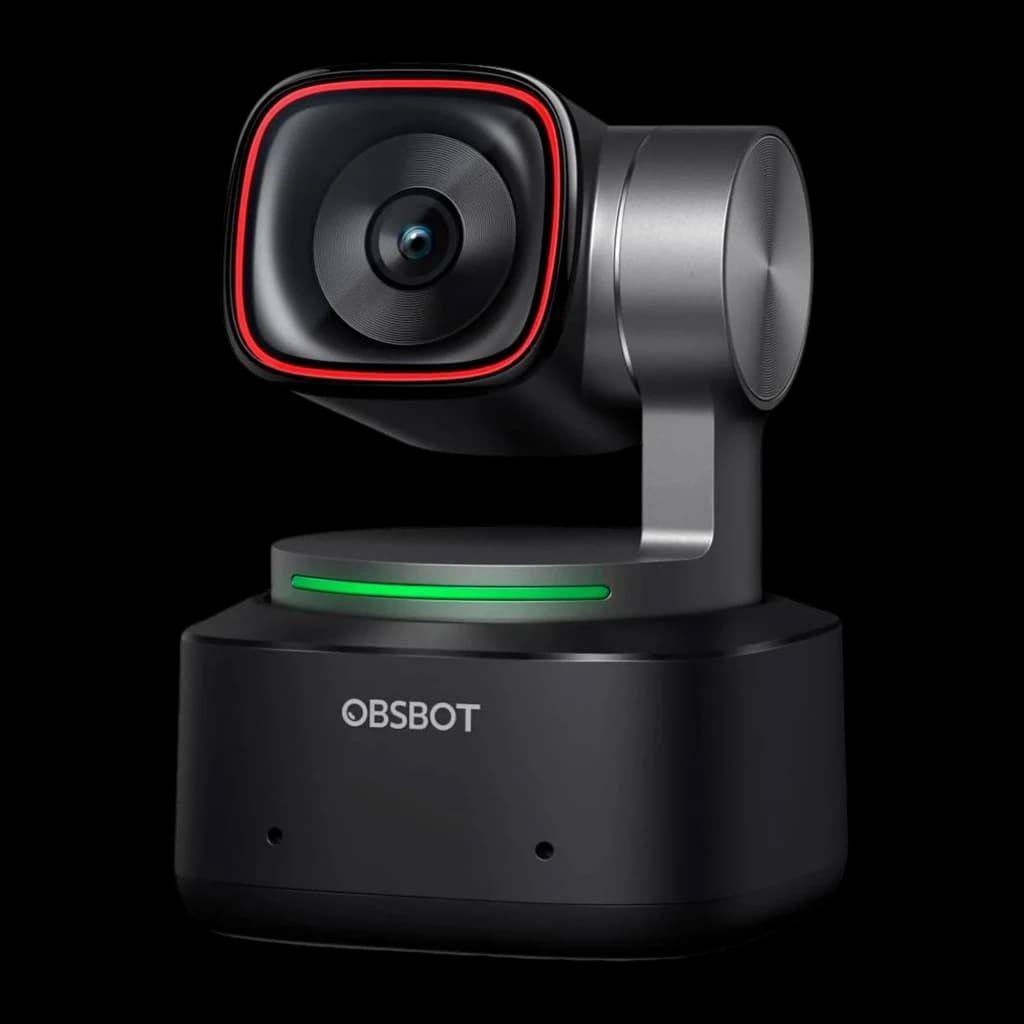 OBSBOT Tiny 2 4K Negro, vista en ángulo: lente con aro rojo, luz LED verde en la base y logo OBSBOT