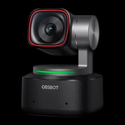 OBSBOT Tiny 2 4K Negro, vista en ángulo: lente con aro rojo, luz LED verde en la base y logo OBSBOT