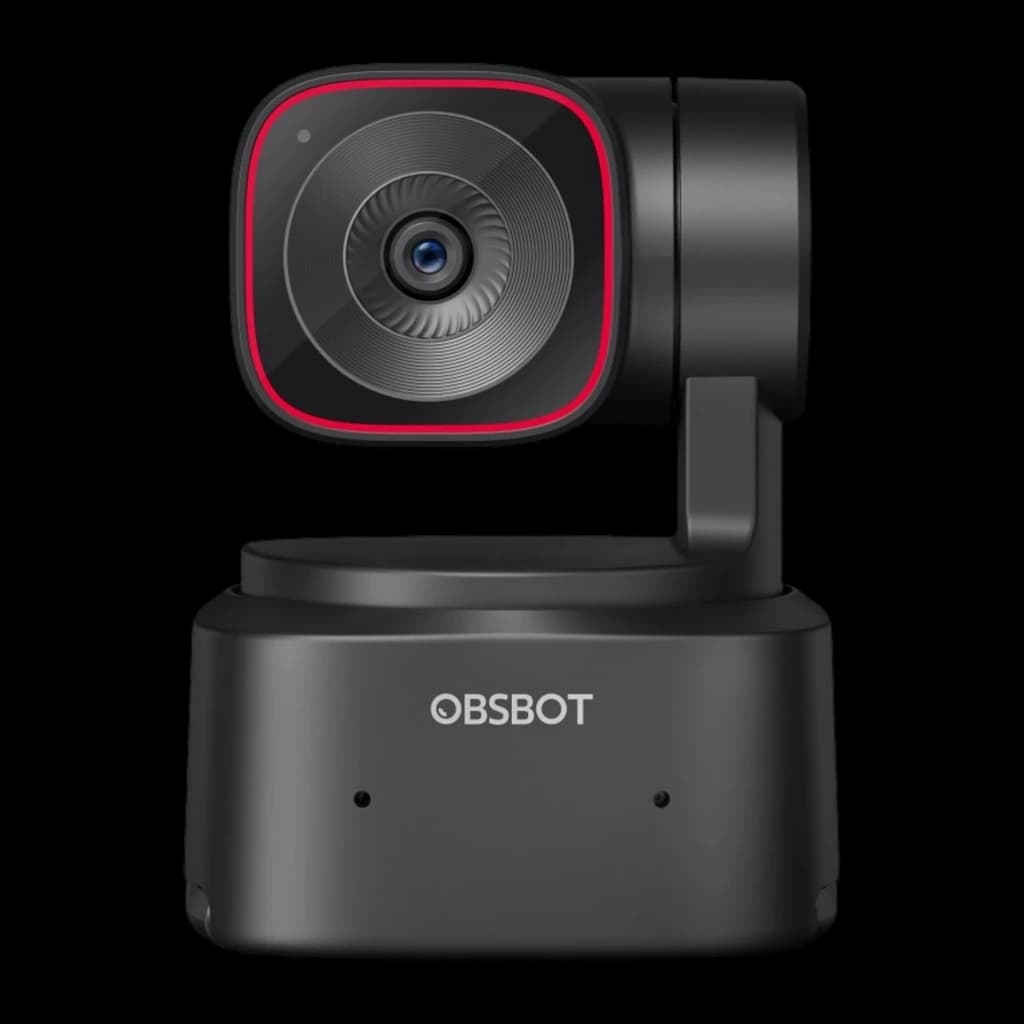 OBSBOT Tiny 2 Lite 4K noir, vue de face: objectif central avec cadre carré rouge et base avec logo OBSBOT
