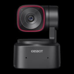 OBSBOT Tiny 2 Lite 4K noir, vue de face: objectif central avec cadre carré rouge et base avec logo OBSBOT