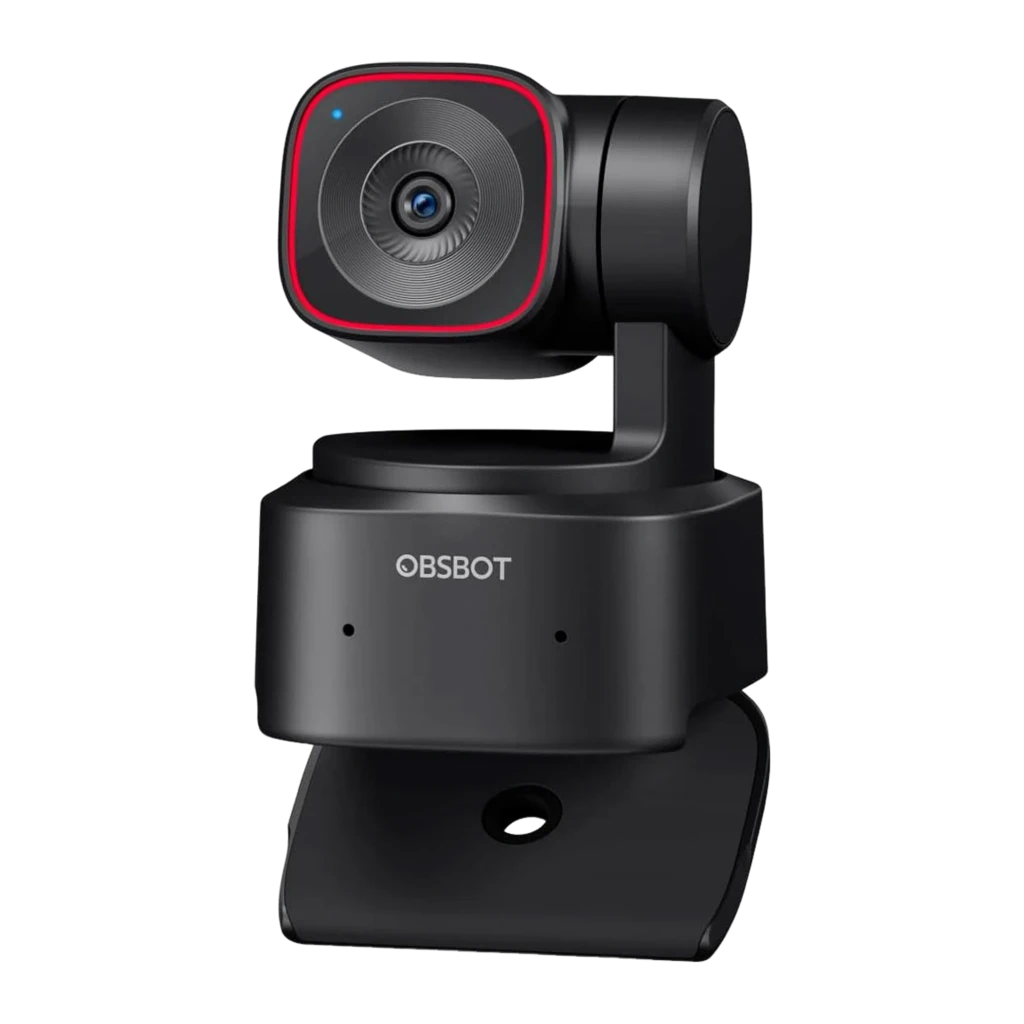 OBSBOT Tiny 2 Lite 4K negro, vista frontal: lente central con marco rojo cuadrado y base con logo OBSBOT - Ítem1