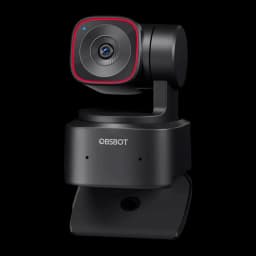 OBSBOT Tiny 2 Lite 4K noir, vue en angle: tête rotative avec cadre rouge, support clip visible sur la base