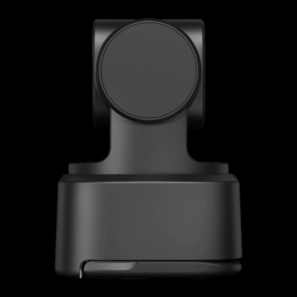 OBSBOT Tiny 2 Lite 4K noir, vue arrière: panneau arrière circulaire de la tête, base et clip replié presque fermé