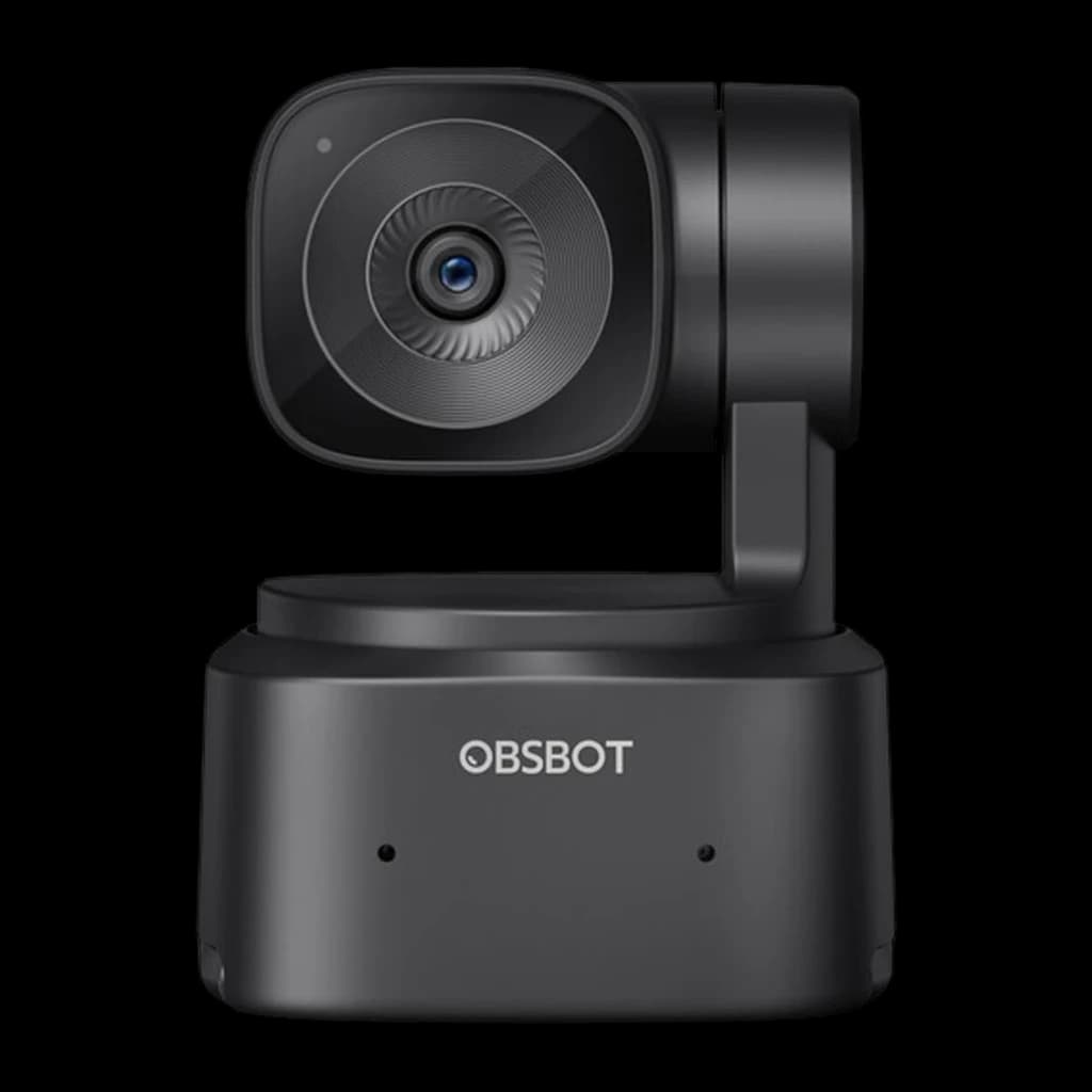 OBSBOT Webcam Tiny SE Full HD negro, vista frontal: lente central, base con logo OBSBOT y cabezal giratorio