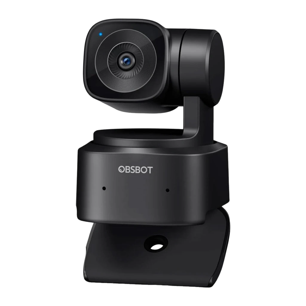 OBSBOT Webcam Tiny SE Full HD negro, vista frontal: lente central, base con logo OBSBOT y cabezal giratorio - Ítem1